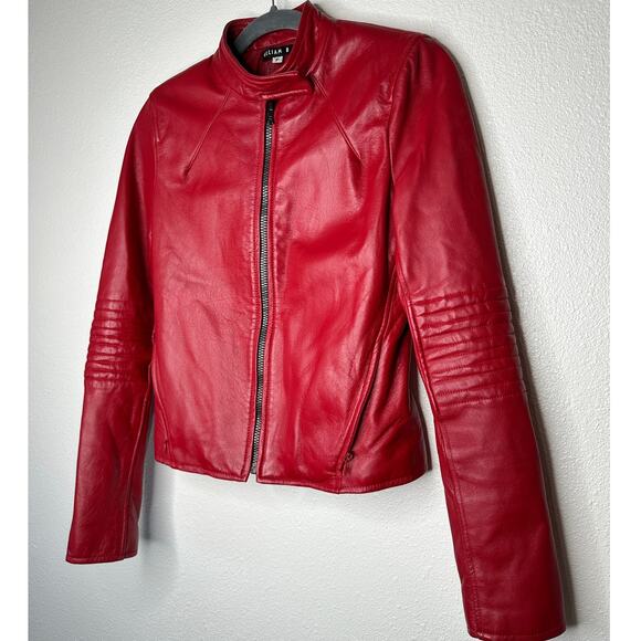 William B Cherry Red 100% Leather Moto Jacket Front Zip Silk Lining S - Picture 2 of 10